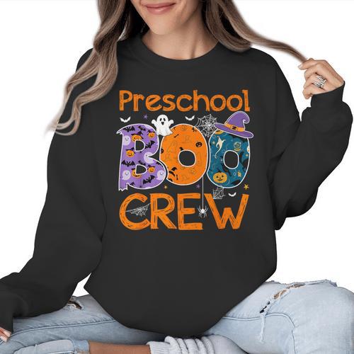 Preschool Boo Crew Preschool Halloween Teacher Kids Women Crewneck Sweatshirt - teacherstshirts.com DE