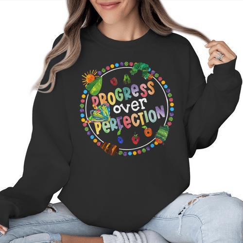 Progress Over Perfection Caterpillar Back To School Teacher Women Crewneck Sweatshirt - teacherstshirts.com AU
