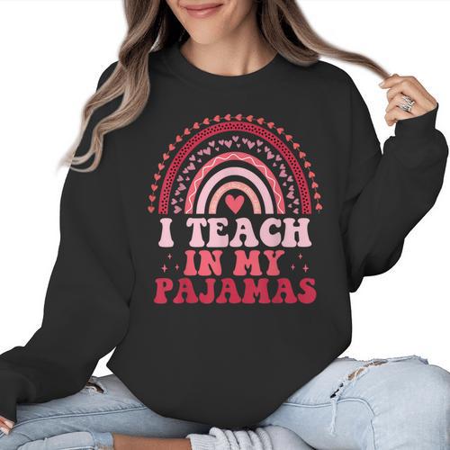 Rainbow Retro Homeschool Mom Teacher I Teach In My Pajamas Women Crewneck Sweatshirt - teacherstshirts.com CA