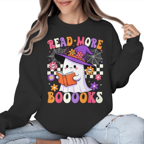 Read More Books Ghost Reading Book Teacher Halloween Women Crewneck Sweatshirt - teacherstshirts.com UK