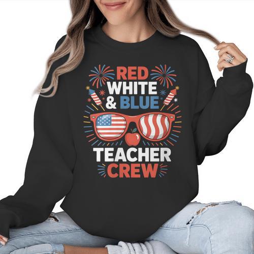 Red & Blue Teacher Crew Shirt 4th Of July Sunglasses Women Crewneck Sweatshirt - teacherstshirts.com UK