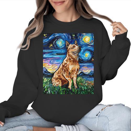 Red Heeler Starry Night Cattle Dog Colorful Art By Aja For Men Women Girls Kids Women Crewneck Sweatshirt - Bostonterriersmerch.com