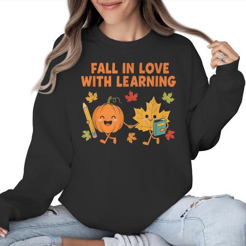 Retro Fall In Love With Learning Autumn Pumpkin Teacher Women Crewneck Sweatshirt - teacherstshirts.com