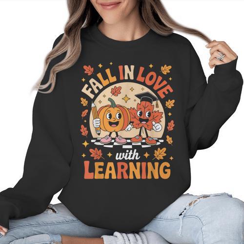 Retro Fall In Love With Learning Pumpkin Leaf Teacher Autumn Women Crewneck Sweatshirt - teacherstshirts.com UK