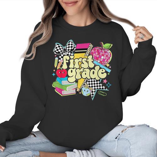 Retro First Grade Teacher Disco Ball Coquette Back To School Women Crewneck Sweatshirt - teacherstshirts.com AU