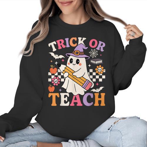 Retro Floral Ghost Trick Or Teach Groovy Teacher Halloween Women Crewneck Sweatshirt - teacherstshirts.com