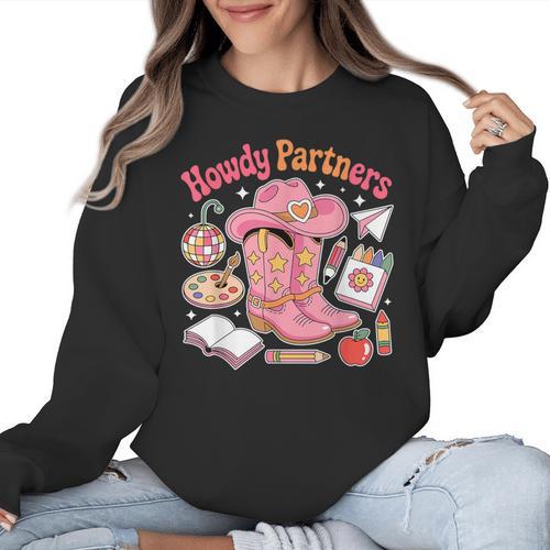 Retro Howdy Partners Cowgirl Cowboy Teacher Back To School Women Crewneck Sweatshirt - teacherstshirts.com AU