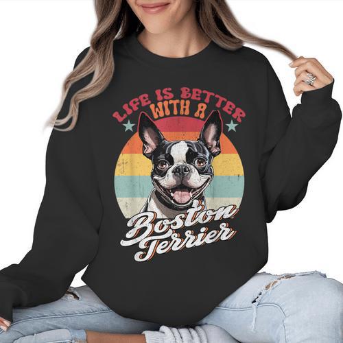 Retro Life Is Better With Boston Terrier Mom Dog Lover Women Crewneck Sweatshirt - Bostonterriersmerch.com