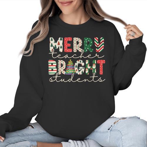 Retro Merry Teacher Bright Students Christmas Teacher Women Crewneck Sweatshirt - teacherstshirts.com AU