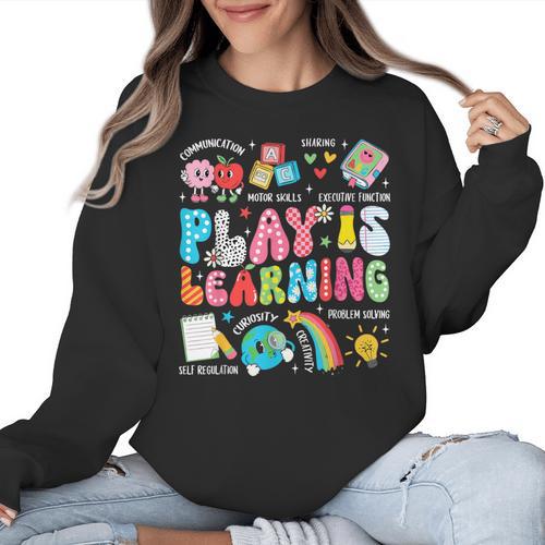 Retro Play Is Learning Kindergarten Teacher Team Women Women Crewneck Sweatshirt - teacherstshirts.com