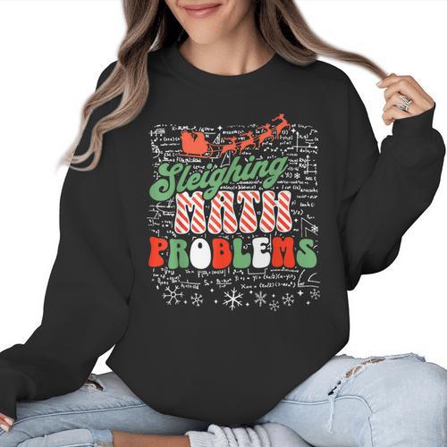 Retro Sleighing Math Problems Santa Math Teacher Christmas Women Crewneck Sweatshirt - teacherstshirts.com UK