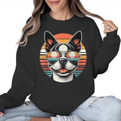 Retro Sunset Sunglasses Boston Terrier Boston Bull Bostie Women Crewneck Sweatshirt - Bostonterriersmerch.com
