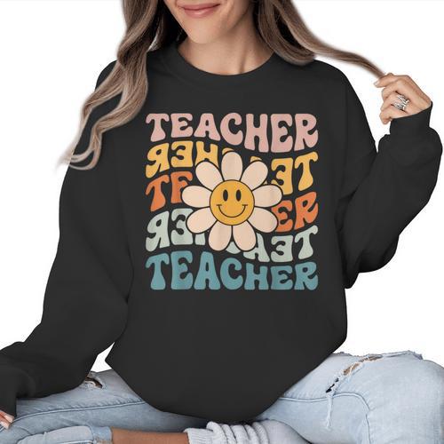 Retro Teacher Daisy Colorful Elementary School Teacher Women Crewneck Sweatshirt - teacherstshirts.com