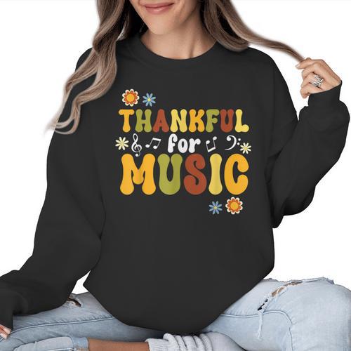 Retro Thankful For Music Floral Music Teacher Thanksgiving Men Women Women Crewneck Sweatshirt - teacherstshirts.com