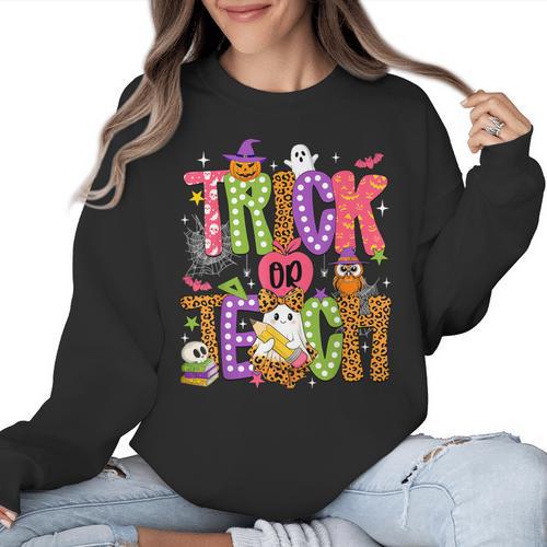 Retro Trick Or Teach Leopard Ghost Halloween Spooky Teacher Women Crewneck Sweatshirt - teacherstshirts.com AU