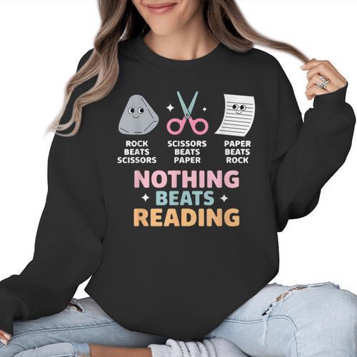 Rock Paper Scissors Teacher Librarian Nothing Beats Reading Women Crewneck Sweatshirt - teacherstshirts.com