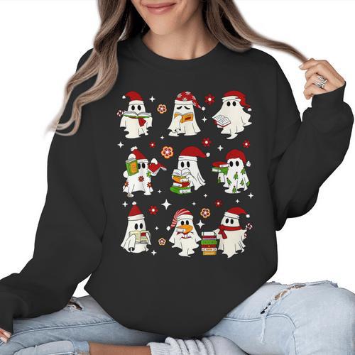 Santa Ghost Reading Books Christmas Library Teacher Women Crewneck Sweatshirt - teacherstshirts.com UK