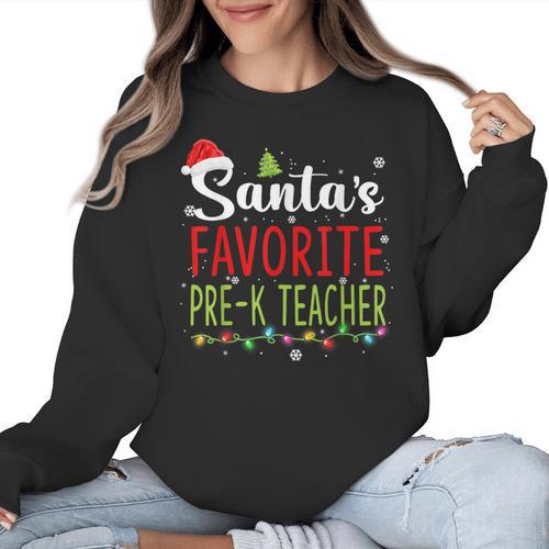 Santa's Favorite Pre-K Teacher Christmas Santa Hat Lights For Men Women Kids Women Crewneck Sweatshirt - teacherstshirts.com UK