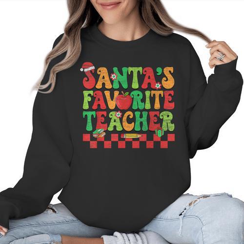 Santas Favorite Teacher Retro Groovy Christmas Xmas Women Women Crewneck Sweatshirt - teacherstshirts.com DE