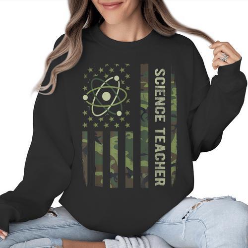 Science Teacher Camo American Flag Back To School Women Crewneck Sweatshirt - teacherstshirts.com CA
