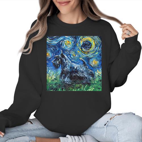 Scottish Terrier Starry Night Scotty Dog Art By Aja Women Crewneck Sweatshirt - Bostonterriersmerch.com AU