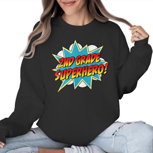 Second Grade Superhero Teacher Student 2nd Grade Comic Retro Women Crewneck Sweatshirt - teacherstshirts.com UK
