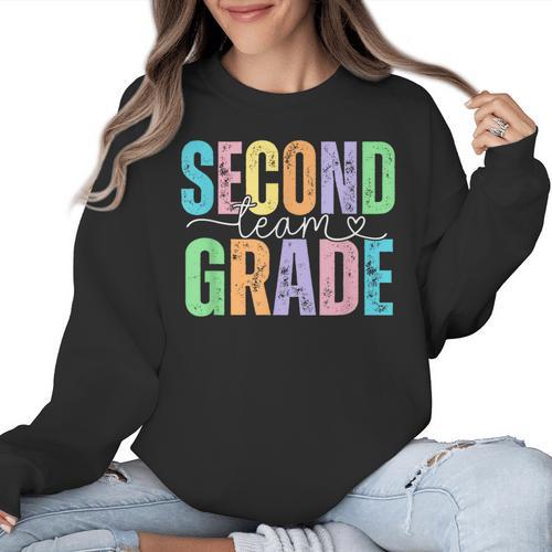 Second Grade Team Heart Teacher Student Back To School Girls Women Crewneck Sweatshirt - teacherstshirts.com