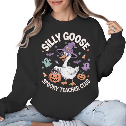Silly Goose Spooky Teacher Club Halloween Witch Ghost Women Crewneck Sweatshirt - teacherstshirts.com AU