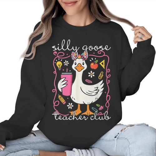 Silly Goose Teacher Club Animal Lover Groovy Teacher Women Crewneck Sweatshirt - teacherstshirts.com AU