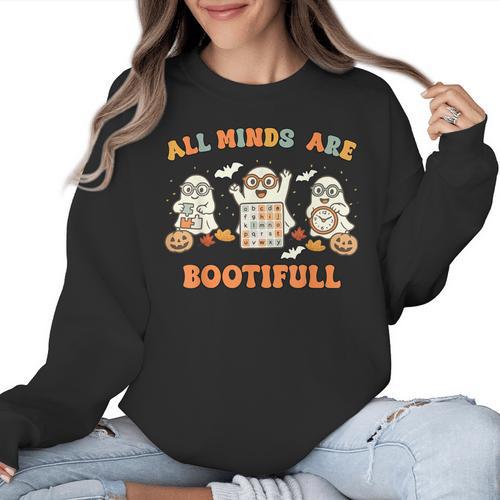 Special Education All Minds SPED Teacher Ghost Halloween Women Crewneck Sweatshirt - teacherstshirts.com