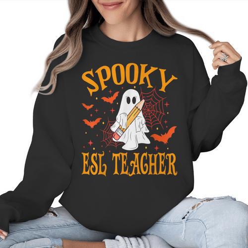Spooky ESL Teacher Ghost Halloween School Women Women Crewneck Sweatshirt - teacherstshirts.com UK