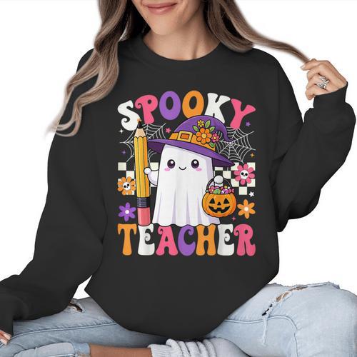 Spooky Teacher Ghost Pencil Teach Halloween Teacher Women Crewneck Sweatshirt - teacherstshirts.com AU