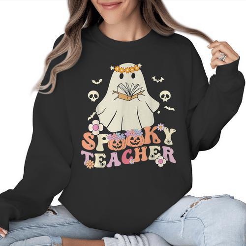 Spooky Teacher Groovy Retro Ghost Teacher Halloween 2023 For Men Women Kids Women Crewneck Sweatshirt - teacherstshirts.com