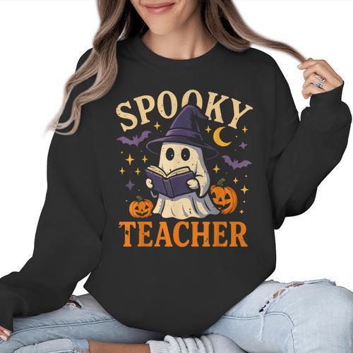Spooky Teacher Halloween Cute Ghost Pumpkin Reading Women Women Crewneck Sweatshirt - teacherstshirts.com AU