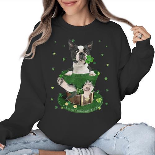 St Patrick's Day Leprechaun Boston Terrier Dog Shamrock For Men Women Kids Women Crewneck Sweatshirt - Bostonterriersmerch.com