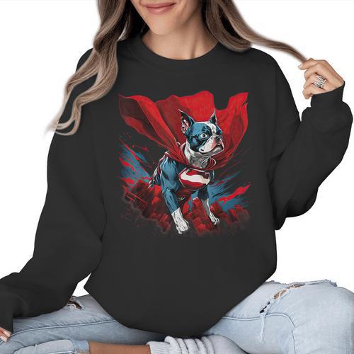 Super Power Superhero Boston Terrier Dog For Men Women Kids Women Crewneck Sweatshirt - Bostonterriersmerch.com