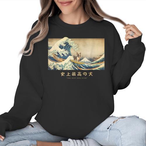 Surfing Boston Terrier Kanagawa Wave Japanese Dog For Men Women Kids Women Crewneck Sweatshirt - Bostonterriersmerch.com CA