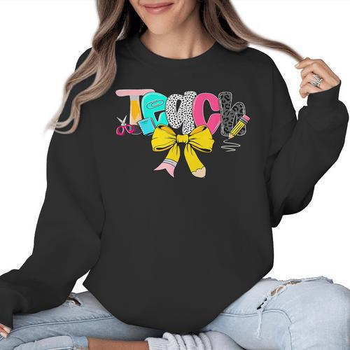 Teach Coquette Bow Teacher Back To School Happy First Day Women Crewneck Sweatshirt - teacherstshirts.com AU