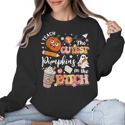 I Teach The Cutest Pumpkins In The Patch Halloween Teacher Women Crewneck Sweatshirt - teacherstshirts.com AU