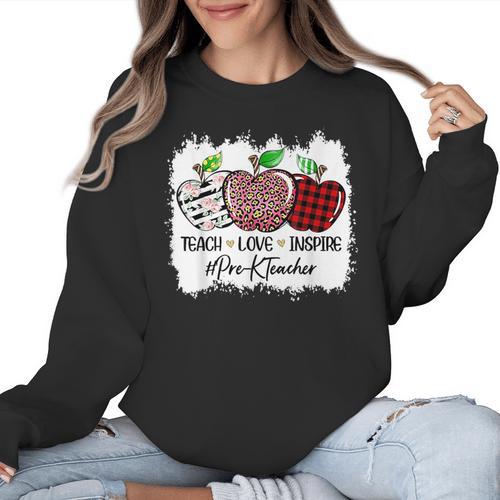 Teach Love Inspire Pre-k Teacher Apple Leopard Red Plain Women Crewneck Sweatshirt - teacherstshirts.com AU