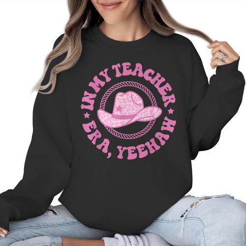 In My Teacher Era Yeehaw Pink Teacher Western Cowgirl Women Crewneck Sweatshirt - teacherstshirts.com CA