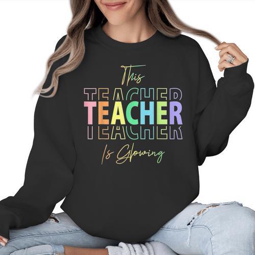 This Teacher Is Glowing Hello Summer End Of School Women Crewneck Sweatshirt - teacherstshirts.com UK