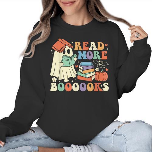 Teacher Halloween Cute Booooks Ghost Read More Books Women Crewneck Sweatshirt - teacherstshirts.com UK