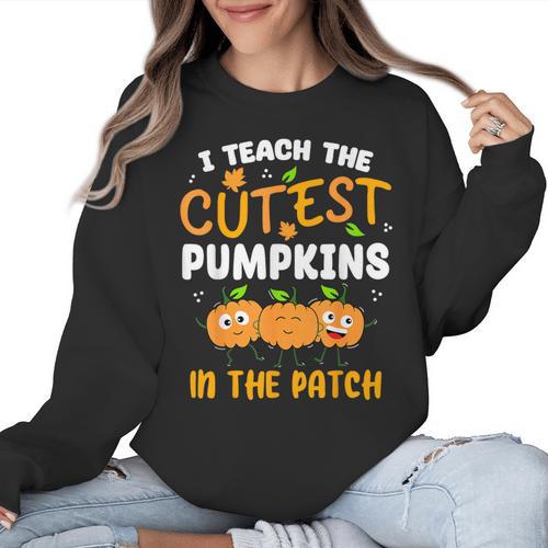 Teacher Halloween Pre-K Teacher Kindergarten Cutest Pumpkins Men Women Kids Women Crewneck Sweatshirt - teacherstshirts.com CA