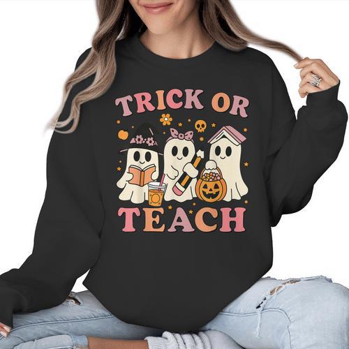 Teacher Halloween Trick Or Teach Cute Ghost Coffee Pumpkins Women Crewneck Sweatshirt - teacherstshirts.com UK