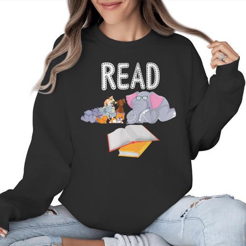 Teacher Library Read Book Club Piggie Elephant Pigeons Men Women Kids Women Crewneck Sweatshirt - teacherstshirts.com
