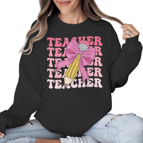 Teacher Pencil Back To School Groovy Pink Teacher First Day Women Crewneck Sweatshirt - teacherstshirts.com UK