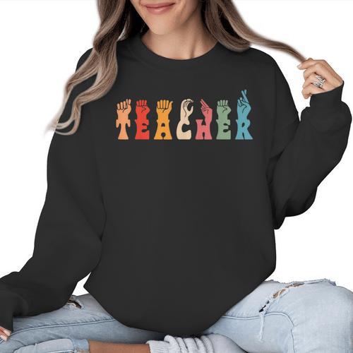 Teacher Word In Sign Language Awareness ASL Back To School Women Crewneck Sweatshirt - teacherstshirts.com