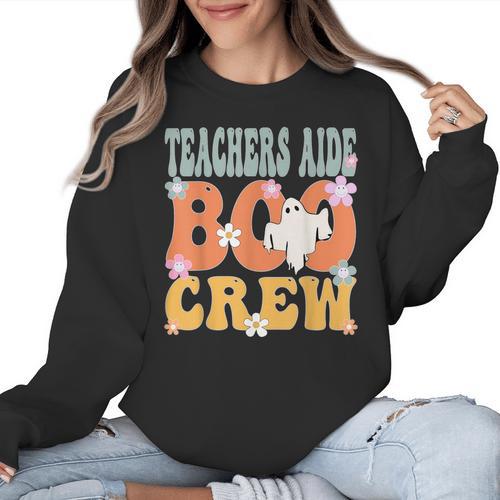 Teachers Aide Boo Crew Ghost Groovy Halloween For Women Women Crewneck Sweatshirt - teacherstshirts.com