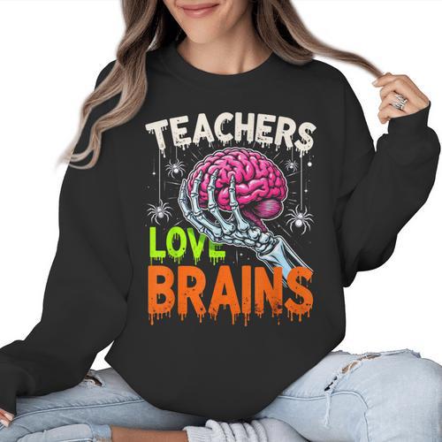Teachers Love Brains Halloween 2025 Skeleton Costume Women Crewneck Sweatshirt - teacherstshirts.com DE
